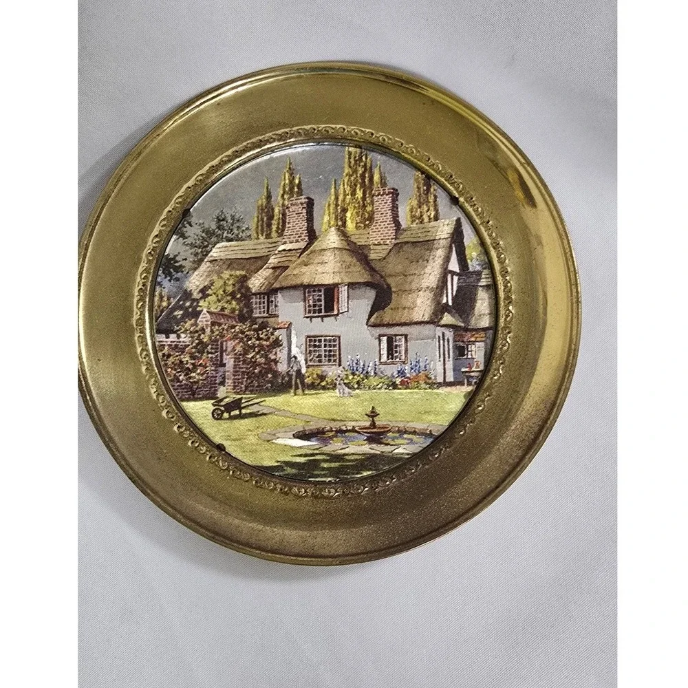 2 Vtg foil art brass wall plates England cottagecore countryside old world